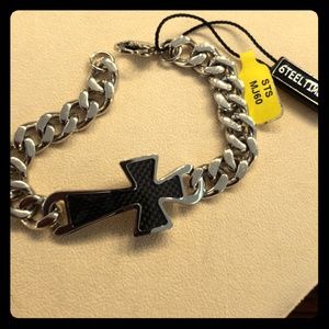 Mens Stainless Steel 9" Black Cross Bracelet